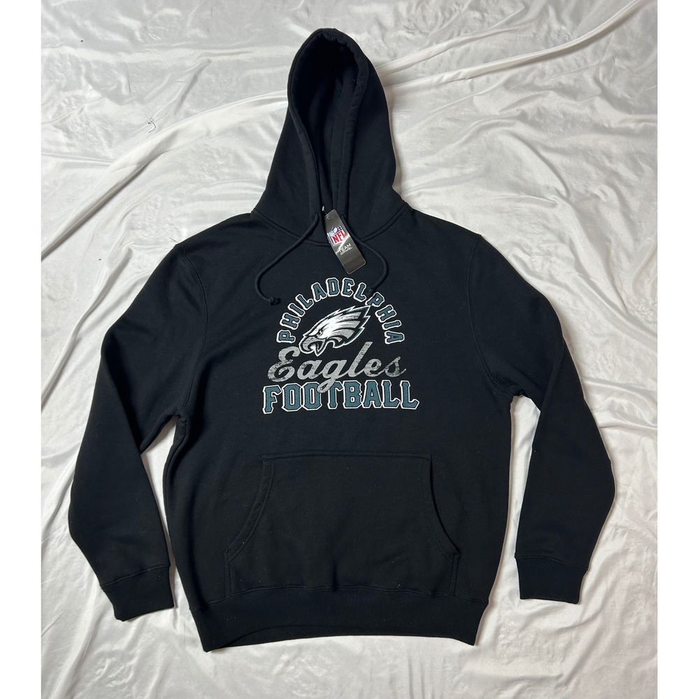 NWT Majestic NFL Philadelphia Eagles Football Hoodie Black Distressed Logo Sz- L